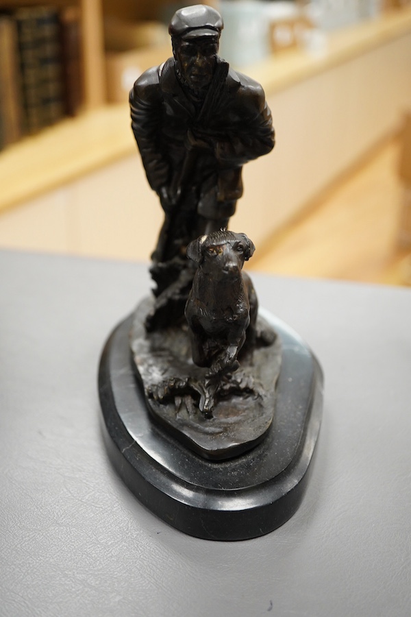 After Pierre-Jules Mene (1810-1879), a bronze hunting group on marble base, 18cm